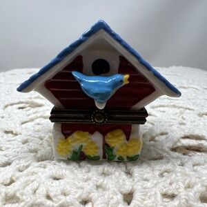 Porcelain Hinged Trinket Box Blue Bird House Midwest of Cannon Falls